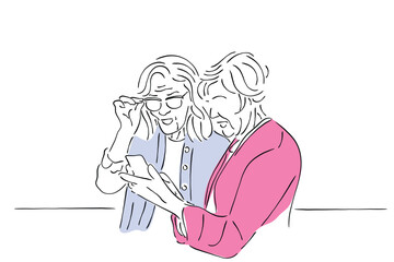 two women working together line art
