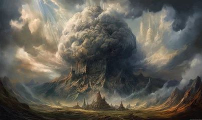 Poster Paysage fantastique Vulcano explosion fire smoke landscape city mystic poster alien steampunk wallpaper fantastic