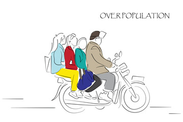 Obraz premium Line art vector of many people riding a bicycle. Concept of over population and its consequences.