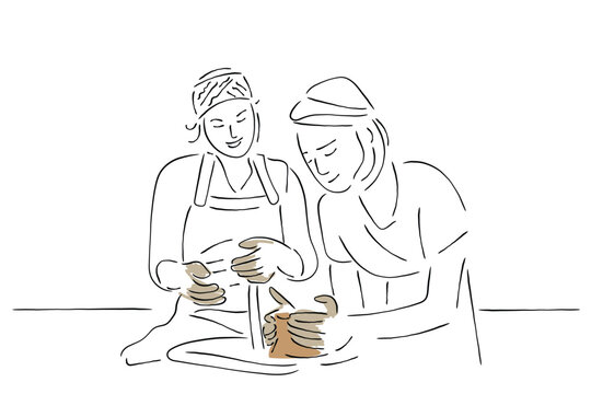 pottery making line art, two people working clip art preview