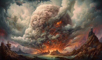 Vulcano explosion fire smoke landscape city mystic poster alien steampunk wallpaper fantastic
