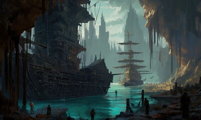 ship sea ocean old pirate landscape city mystic poster alien steampunk wallpaper fantastic