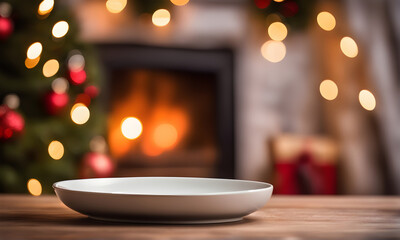 Christmas table, empty plate, blurred fireplace