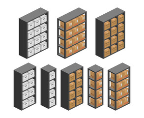 storage shelf bookcase with parcel boxes isometric vector flat illustration