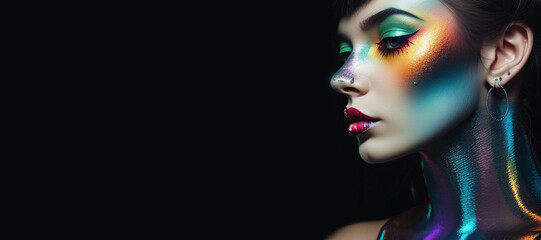 Fashion model girl portrait with colorful powder make up. Beauty woman with bright color makeup. Generative AI.