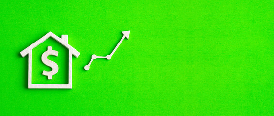 House icon with arrow on green background - Real estate concept in dollars