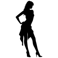 Vector silhouette of a slim young woman standing, black color, isolated on white background