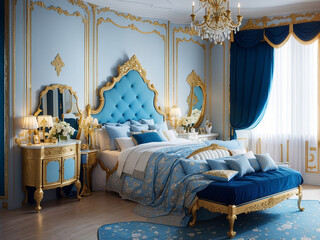 A luxurious bedroom in a classic style with gold elements ,Generative Ai