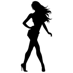 Vector silhouette of a slim young woman standing, black color, isolated on white background
