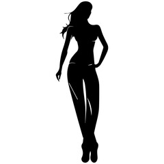 Vector silhouette of a slim young woman standing, black color, isolated on white background