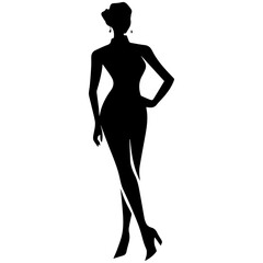 Vector silhouette of a slim young woman standing, black color, isolated on white background