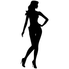 Vector silhouette of a slim young woman standing, black color, isolated on white background