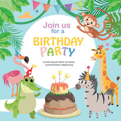 Birthday greeting  invitation card template. Cute african animals and cake. Funny Jungle party. Vector illustration.