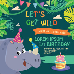 Birthday greeting and invitation card design template. Cute african rhino. Funny Jungle party. Vector illustration.