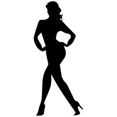 Vector silhouette of a slim young woman standing, black color, isolated on white background