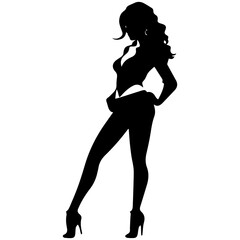 Vector silhouette of a slim young woman standing, black color, isolated on white background