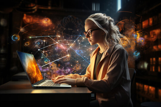 Business girl working on a laptop, ai generated