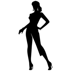 Vector silhouette of a slim young woman standing, black color, isolated on white background