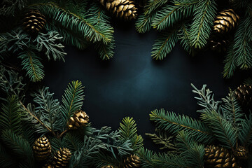 Fototapeta na wymiar decorated Christmas tree branches background with green paper in the middle copy space