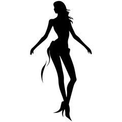 Vector silhouette of a slim young woman standing, black color, isolated on white background