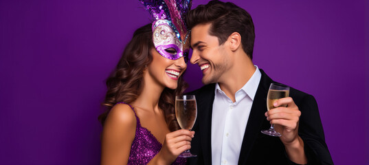 Happy Young Couple Celebrating New Years Eve with Champagne on a purple Background with Space for Copy