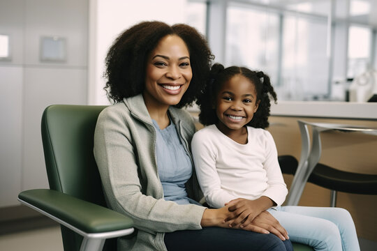 Happy African American mother and daughter sitting in waiting room at hospital - Powered by Adobe