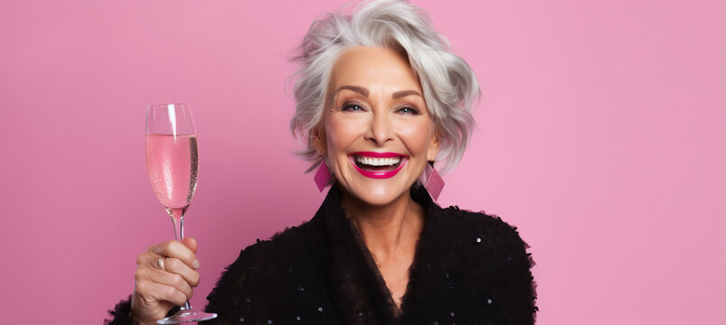 Happy Mature Woman with Grey Hair Celebrating New Years Party on a pink Background with Space for Copy