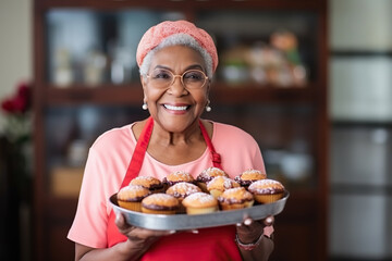 Happy African American senior woman with tray full of freshly baked cupcakes - obrazy, fototapety, plakaty