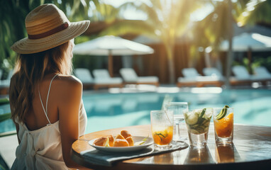 A beautiful Woman on breakfast near swimming pool in luxurious tropical resort.