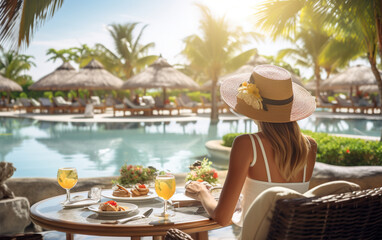 A beautiful Woman on breakfast near swimming pool in luxurious tropical resort. - obrazy, fototapety, plakaty