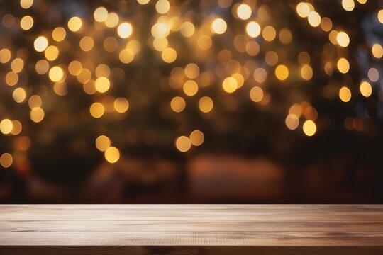 Christmas empty wooden table top with blurred Christmas lights garland festive background, suitable for product presentation backdrop, display, mock up