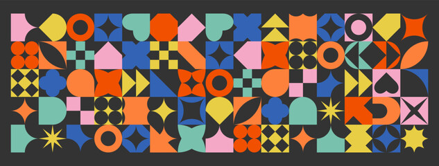 Colorful abstract shapes background in bauhaus style. Geometric posters in trendy retro naive style. Flat vector illustration on black background.