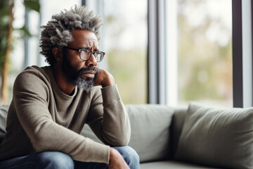 Worried, sad African American man thinking, sitting on couch in living room