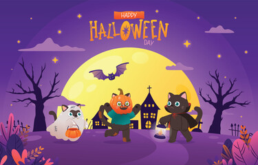 Enchanting Halloween Festival Banner with Cute Cat, Trick or Treat in a Mystical Night Pathway, Vector, Illustration