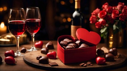wine and heart shaped chocolates
