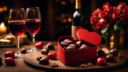 Rolgordijnen wine and heart shaped chocolates © Roselita