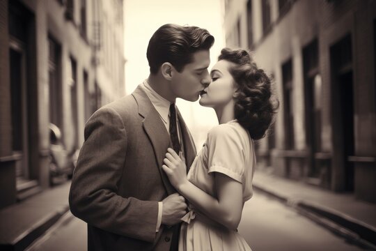 young couple kissing with passion in an European city street in 1930s . monochromatic vintage. 