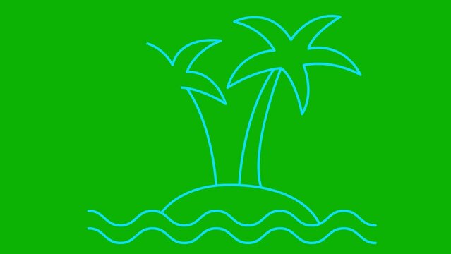 Animated linear icon of two trees of palm on island with waves. blue symbol is drawn gradually. Concept of tourism, travel, vacation. Vector illustration isolated on green background.
