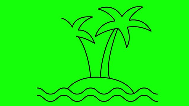 Animated linear icon of two trees of palm on island with waves. Black symbol is drawn gradually. Concept of tourism, travel, vacation. Vector illustration isolated on green background.
