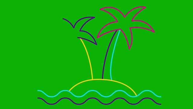 Animated linear icon of two trees of palm on island with waves. colorful symbol is drawn gradually. Concept of tourism, travel, vacation. Vector illustration isolated on green background.
