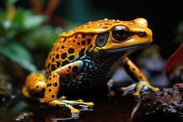 Fototapeta premium A vibrant golden poison dart frog, native to the rainforests of Colombia. Concept of vibrant biodiversity. Generative Ai.