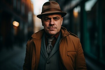 Portrait of a handsome middle-aged man in a brown coat and hat. Men's beauty, fashion.