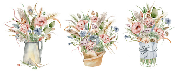 A set of watercolor illustrations of an autumn bouquet of flowers, in warm dim colors on a white background, hand-drawn
