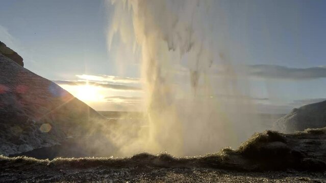 Cinematic slow motion push into Sunset Shot Behind Sk&oacute;gafoss Waterfall In Iceland