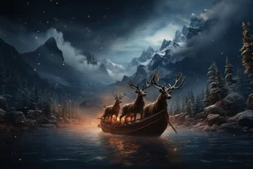 Fotobehang A family of reindeer pulling Santa's sleigh through the starry night sky. Generative Ai. © Sebastian