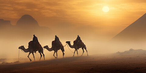 Camel caravan passing in front of the pyramids, traditional scene, early morning mist