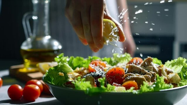 close up video of a woman squeezing a half cut lemon over Mediterranean ceasar salad with tomatoes, crisp Romaine lettuce and a homemade dressing. organic food