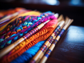 Obraz premium Close - up of knitting needles intertwined with vibrant, multicolored yarn, focused details, natural light filtering through a window