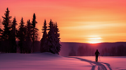 Cross - country skier silhouetted against a glowing pink and orange sky, twilight descending, sense of solitude and tranquility
