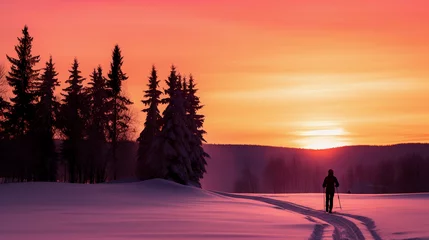 Türaufkleber Cross - country skier silhouetted against a glowing pink and orange sky, twilight descending, sense of solitude and tranquility © Marco Attano
